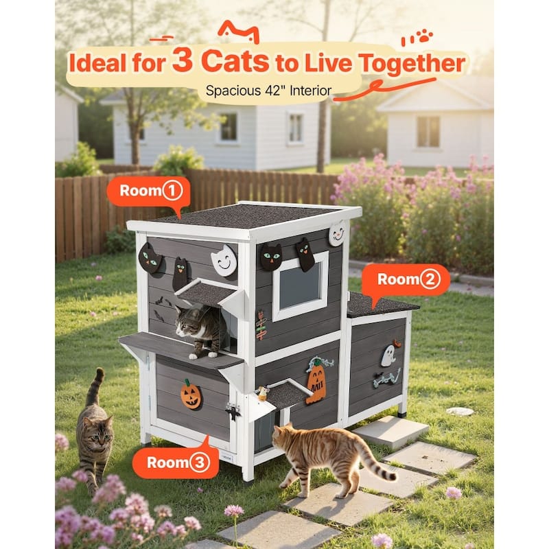 Outdoor Wooden Cat House for Multiple Cats with Waterproof Roof and Elevated Weatherproof Design