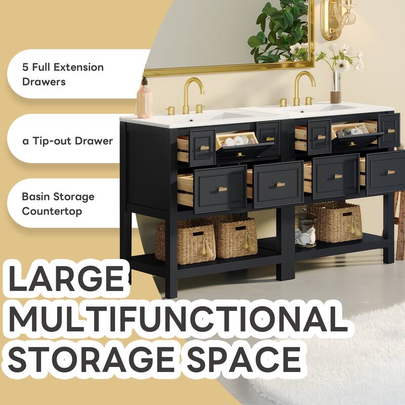 2-Piece Bathroom Vanity Set, 60" Bathroom Vanity Set with Ceramic Sink (Separate), Solid Wood Frame Bathroom Storage Cabinet