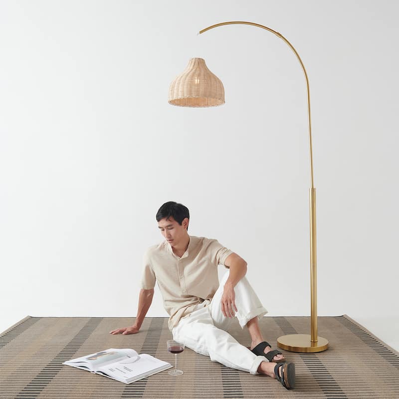 Brightech Lark 75 in. Antique Brass Mid-Century Modern LED Super Bright Floor Lamp with Beige Bamboo Empire Shade