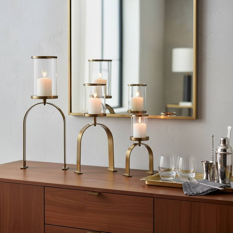 Candle Holders Set of 3 - Metal Pillar, 10/16/22" - 22.0" - Gold/ Metallic