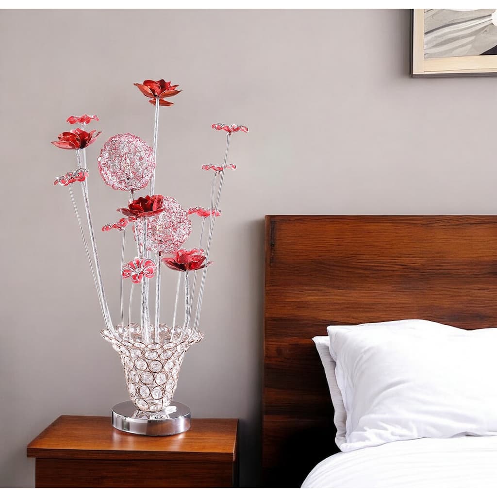 HomeRoots 21" Silver and Clear Metal and Faux Crystal Red Roses Bedside Lamp - 7.5