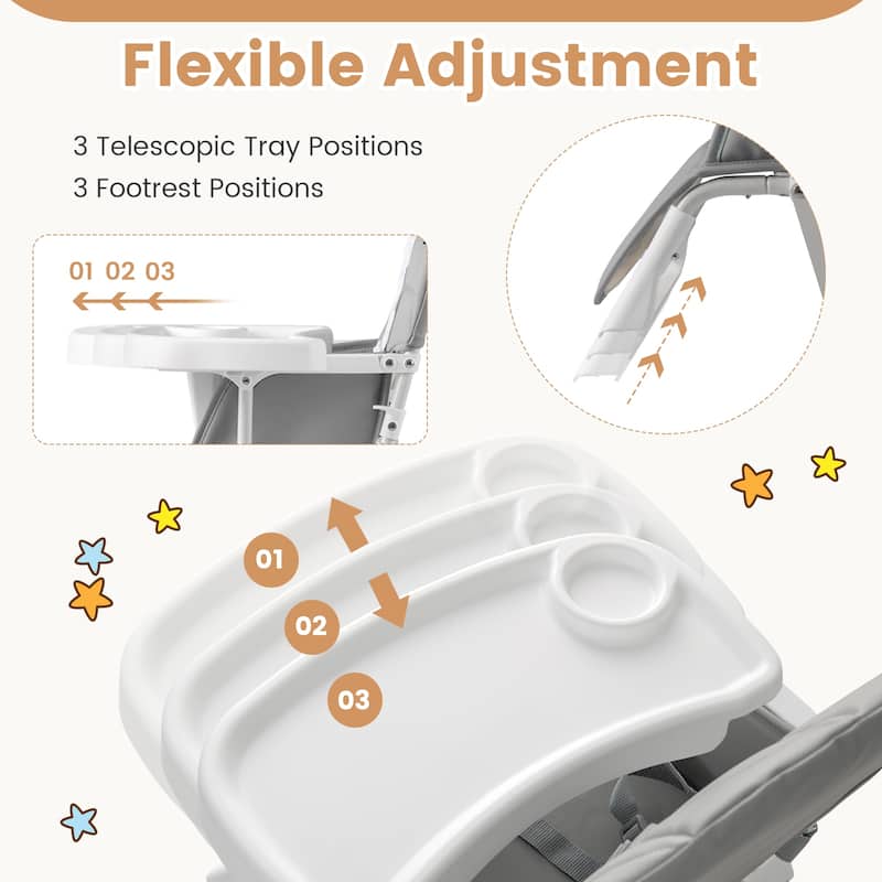 3-in-1 Foldable Baby High Chair with Tray and Footrest Adjustable Footrest Lightweight Waterproof PU Cushion