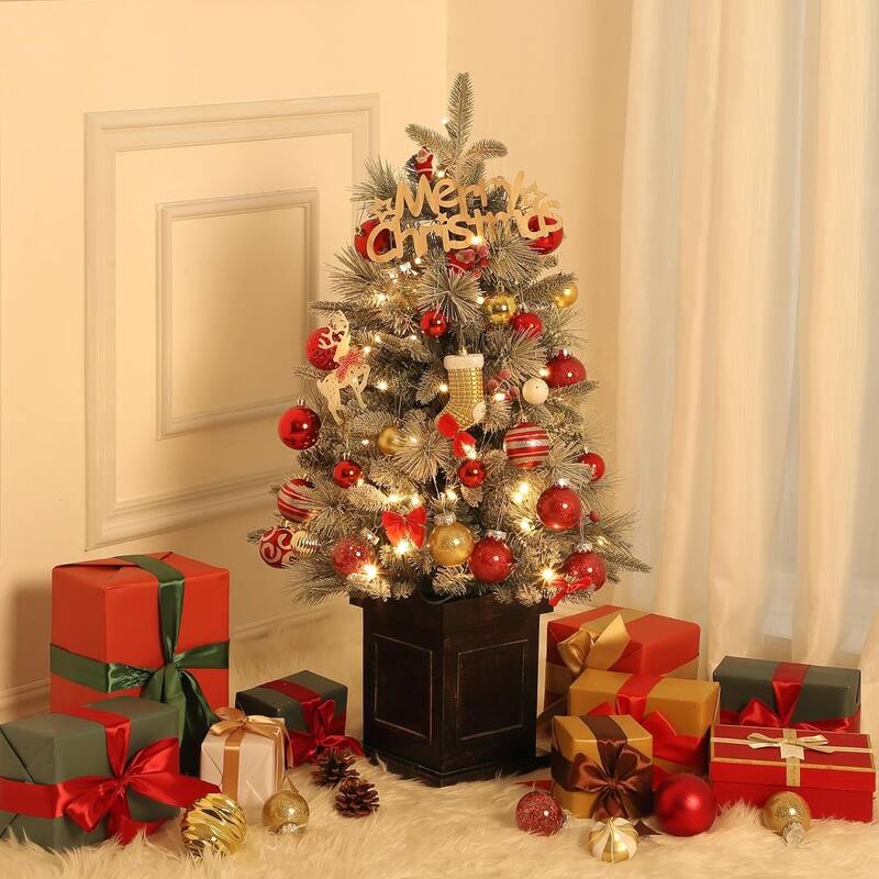 2 Pcs 3ft Pre-Lit Artificial Christmas Tree with Vintage Potted Base