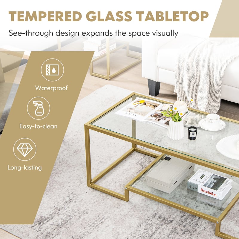 Costway Coffee Table Set of 3 Glass Modern Coffee Table & 2 Accent - See Details