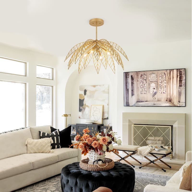 4 Lights Dual Semi-Flush Mount Ceiling Light Leaf Shaped Shades - Dia.26-in