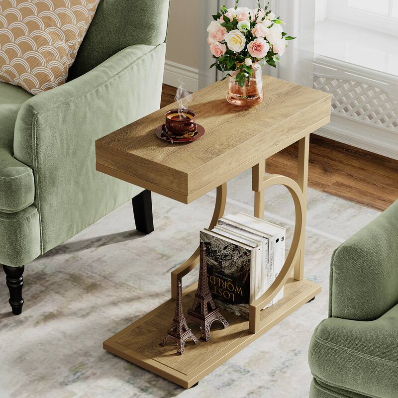 Modern Side Table, C Shaped End Table, Chairside Sofa Bedside Table for Living Room - NaturalWood