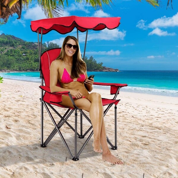 Shop beach chair sun shade canopy Deals Gymax Folding Canopy Camping Chair Portable Beach Chair w Carrying On Sale Bed Bath Beyond 36351740