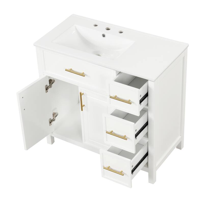 Roomfitters 36" Bathroom Vanity with Sink, Left-Side Basin, Solid Wood Frame, 2 Doors & 3 Drawers