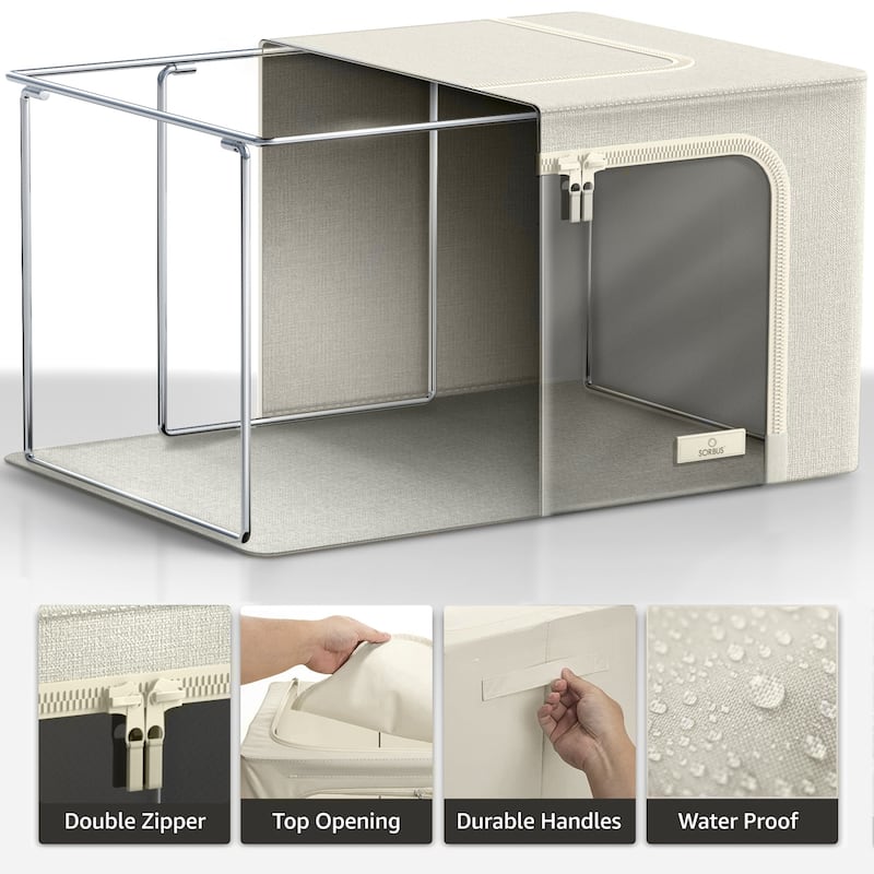 Sorbus Jumbo Storage Bins with Metal Frame Stackable Foldable Clothes Organizer Bags Oxford Fabric & Clear Window & Handles- 4Pk