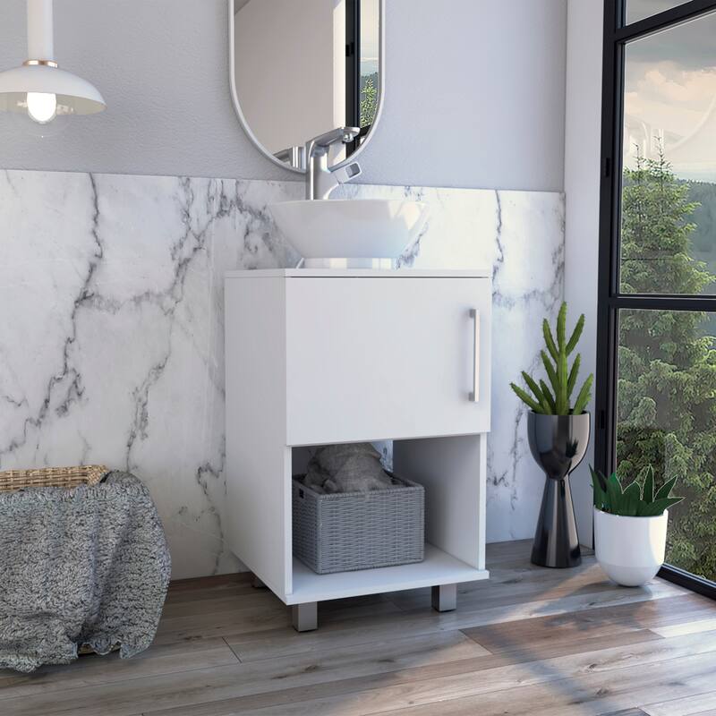 18" Bathroom Vanity with Four Legs, One Door Cabinet and Open Shelf, White Finish for Small Bathrooms - 17.7in L Particle Board - 17.7in L White