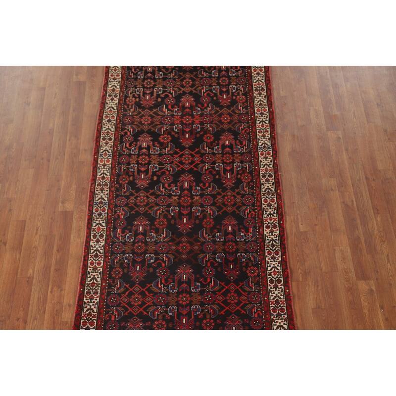 All-Over Hamedan Persian Vintage Runner Rug Hand-Knotted Wool Carpet - 3'8" x 10'2"
