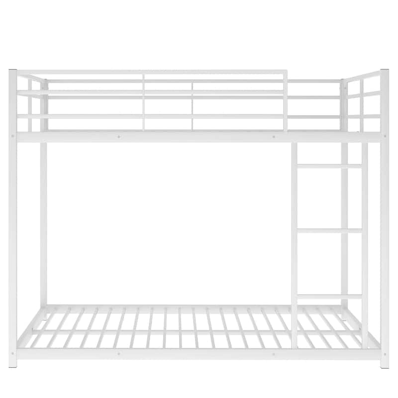 Full over Full Metal Bunk Bed with Ladder, White, Low Bunk Design, Sturdy Frame, Safety Guardrail, Easy Assembly