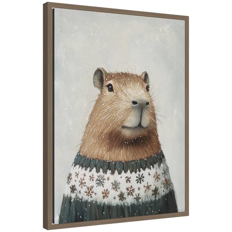 Kate and Laurel Sylvie Framed Canvas Capybara in Winter Snowflake Sweater by The Creative Bunch Studio - Gold