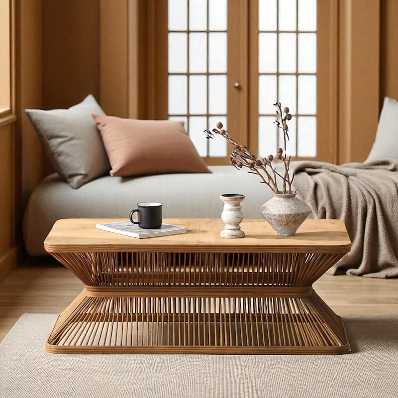 43.3" Mid-Century Modern Coffee Table - Rectangular Wood Accent Table with Woven Bamboo Base, Rustic Boho Style