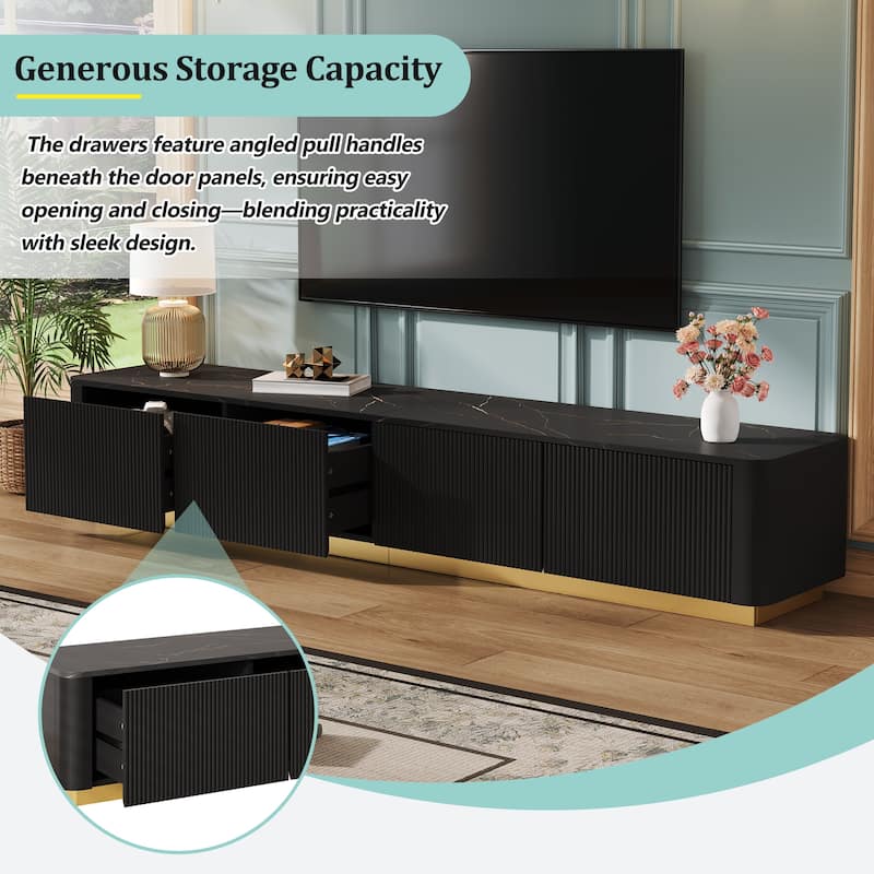 Luxury TV Stand for 85" TVs - Fluted Design, Faux Marble, 4 Drawers, Gold Base, Modern Console