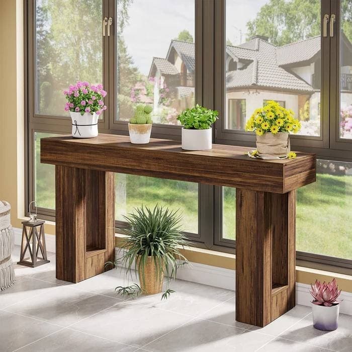 63 Inch Modern Rustic Entryway Console Table with Wood Finish and Legs for Hallway or Living Room - 63”L x 3.77”W x 33.46”H