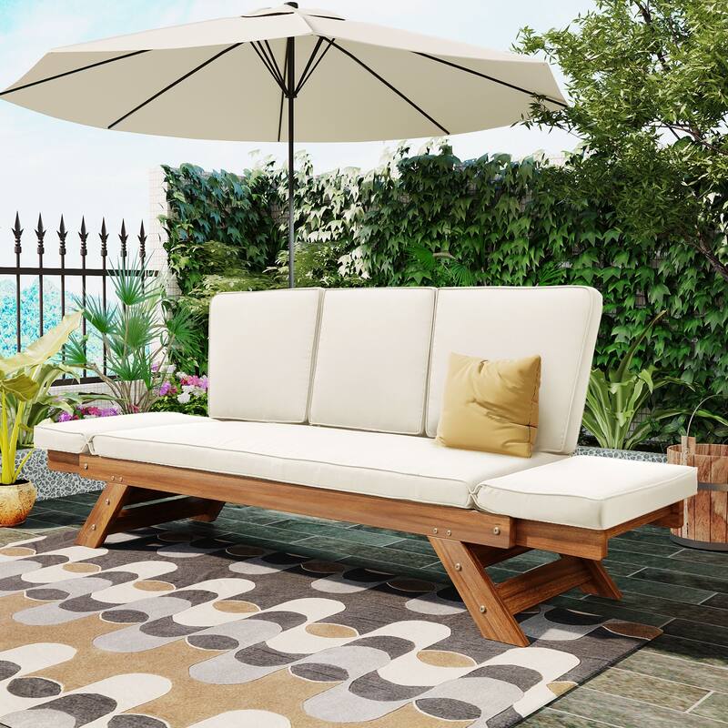 Outdoor Acacia Wood Adjustable Daybed Sofa with Cushions, Expandable Patio Chaise Lounge for Small Spaces, Deck or Balcony