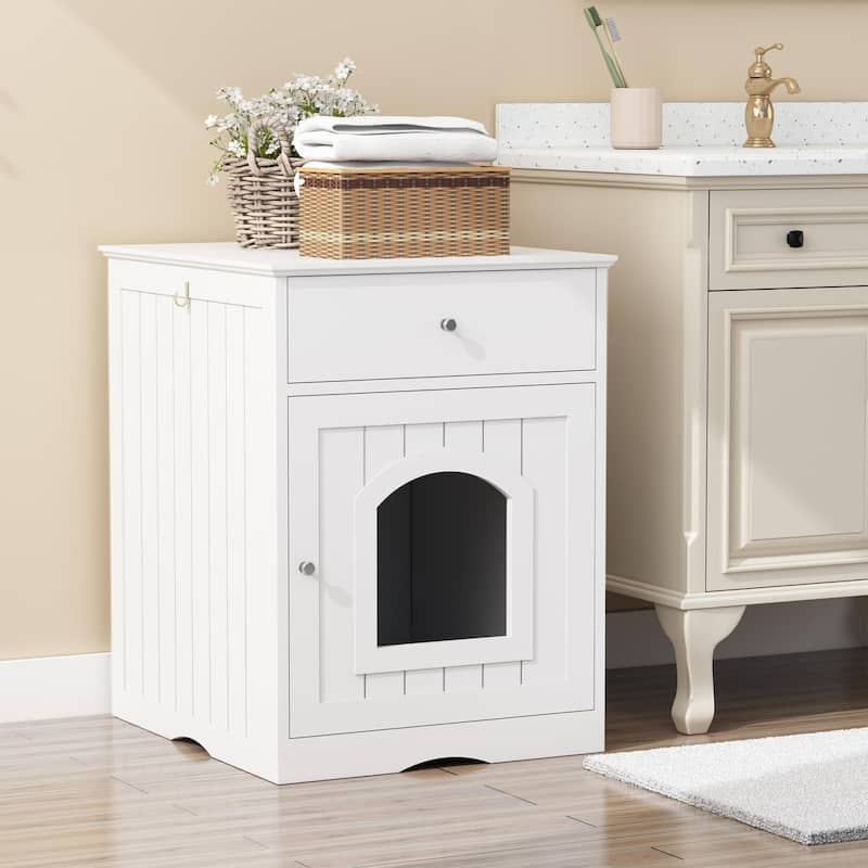Wooden Pet House Cat Litter Box Enclosure With Drawer, Side Table, Indoor Pet Crate - 20.9''L x 18.9''W x 25'' H