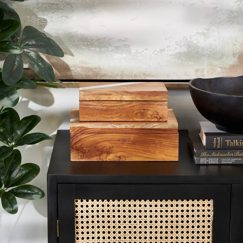 Mango Wood Box with Silver Diagonal Stripes - Set of 2 Brown - Roche River Decor - 7"W x 11"L x 4"H