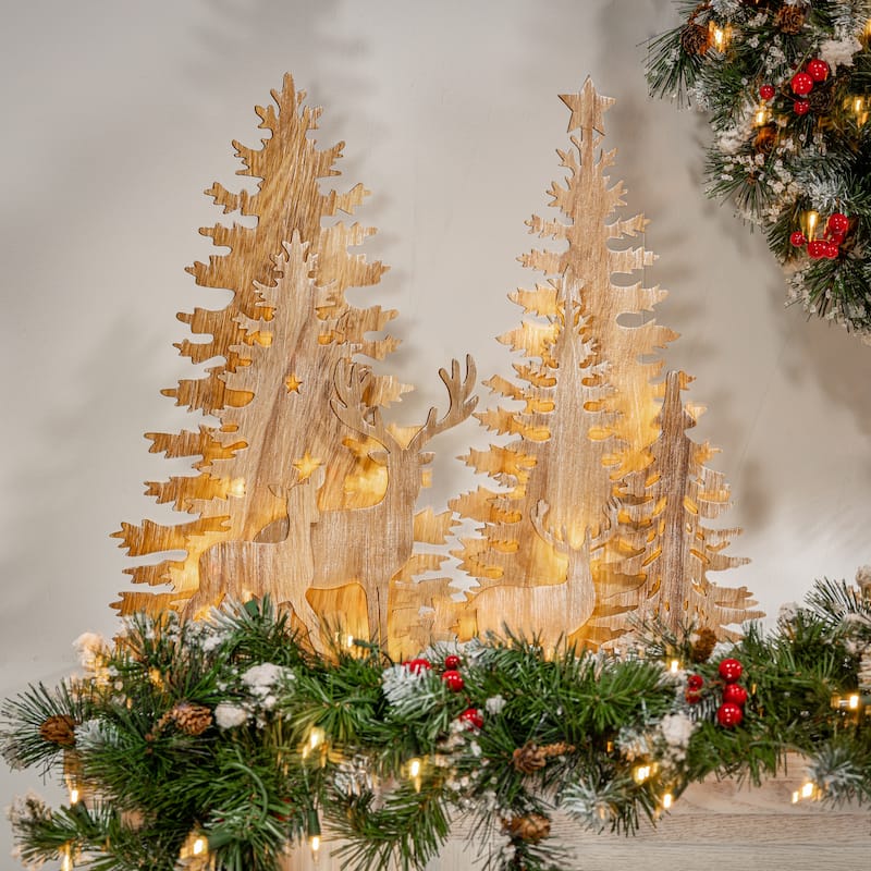 Set of 2 17.25 in Lighted Laser Cut Trees and Reindeer Tabletop Décor - N/A