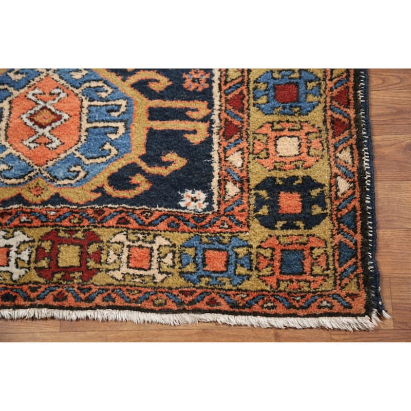 Hand Knotted Oriental 100% Wool Carpet Traditional Geometric Navy Blue & Blues Heriz Area Rug - 4' 9'' X 3' 8''