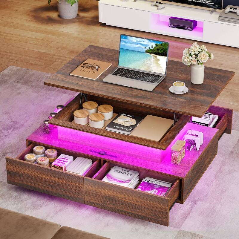 Moasis Modern Glossy Coffee Table with Drawers & LED Lights for Living Room - Walnut - Lift Top