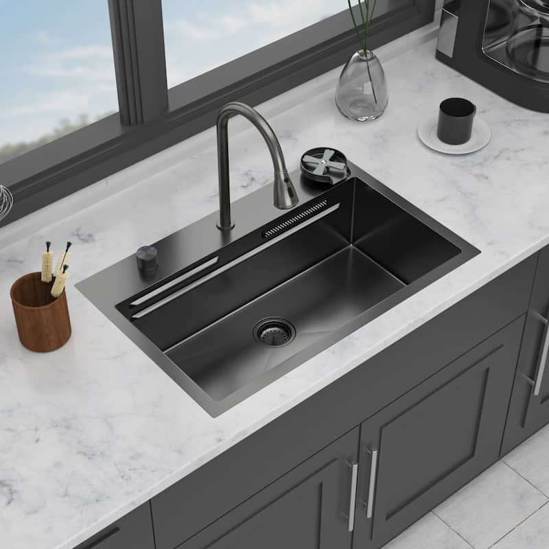 31.5 Inch Drop-in Single Bowl 16 Gauge Stainless Steel Kitchen Sink with Pull-Down Faucet - 31.5'' x 21'' x 9.4''