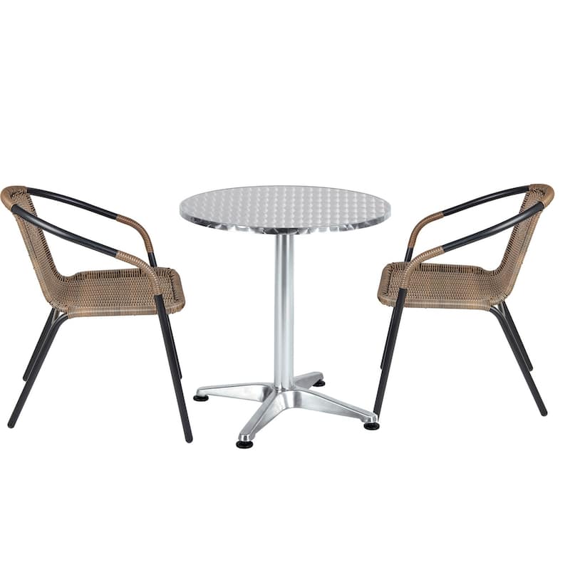 BTEXPERT Indoor Outdoor 23.75" Round Restaurant Table Steel Aluminum + 2 Brown Restaurant Rattan Stack Chairs - Brown