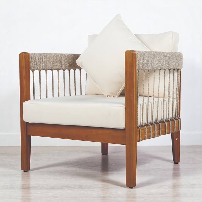 Outdoor Lounge Chair with Cushions, Acacia Wood Frame & Handwoven Rope, All-Weather Tub Chair with for Patio, Deck, or Garden