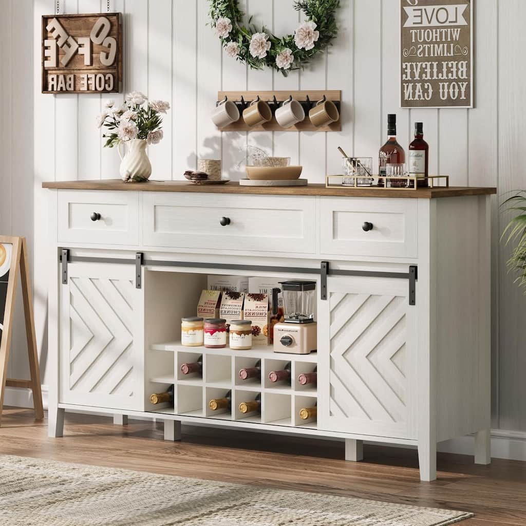 59.06" Farmhouse Sideboard, 33.4" High, with 3 Drawers, Adjustable Shelves and Removable Wine Rack, White