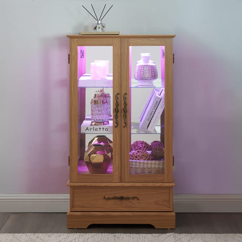 Elegant Lighted Curio Cabinet With Customizable Shelving - Two Glass Doors, Built-In Storage Drawer .