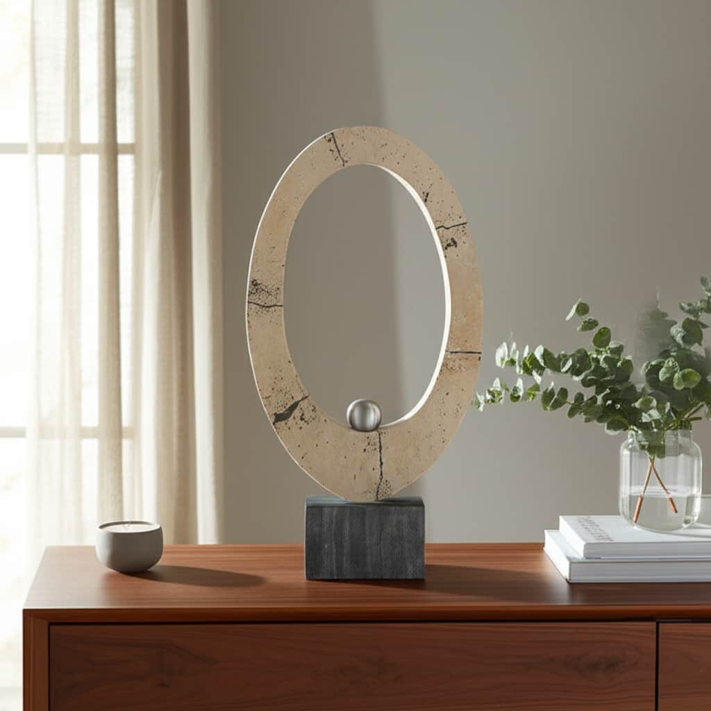 Stone Metal Travertine Sculpture Oval Design Casual Office - 18" Ivory - 10" x 3" x 18"