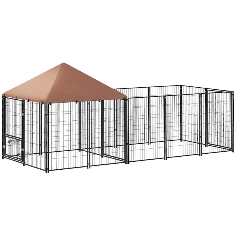 PawHut Dog Kennel Outside, Large Outdoor Dog Kennel Run with Rotating & Adjustable Height Bowls - cafe