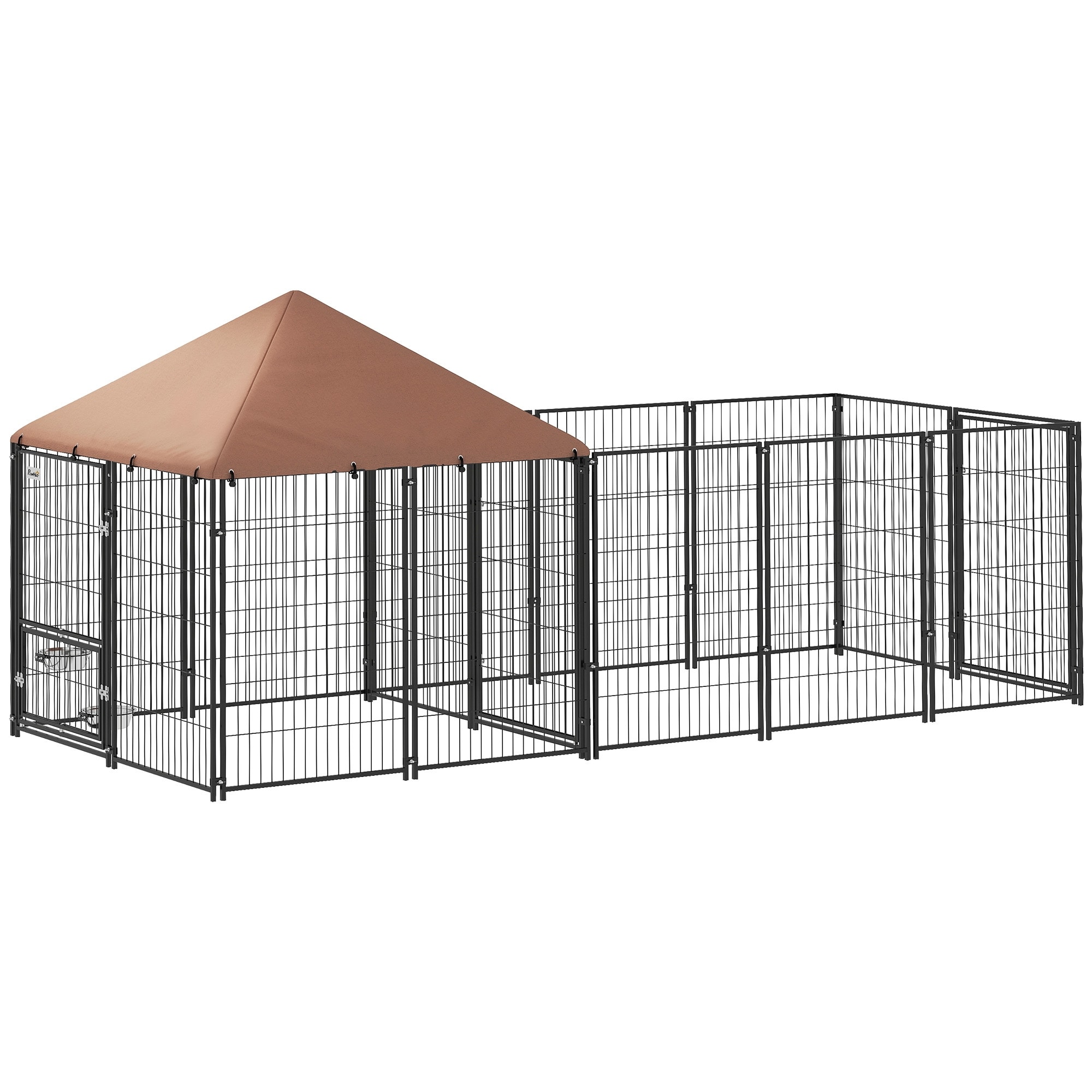 PawHut Dog Kennel Outside, Large Outdoor Dog Kennel Run with Rotating & Adjustable Height Bowls