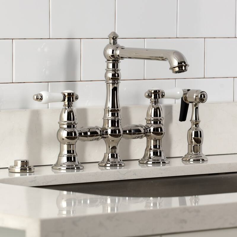 Kingston Brass Bel-Air Two-Handle 4-Hole Deck Mount Bridge Kitchen Faucet with Brass Side Sprayer