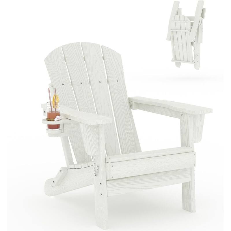 1-PieceHDPE Folding Adirondack Chair All-Weather Wood-Look with Cup Holder - White