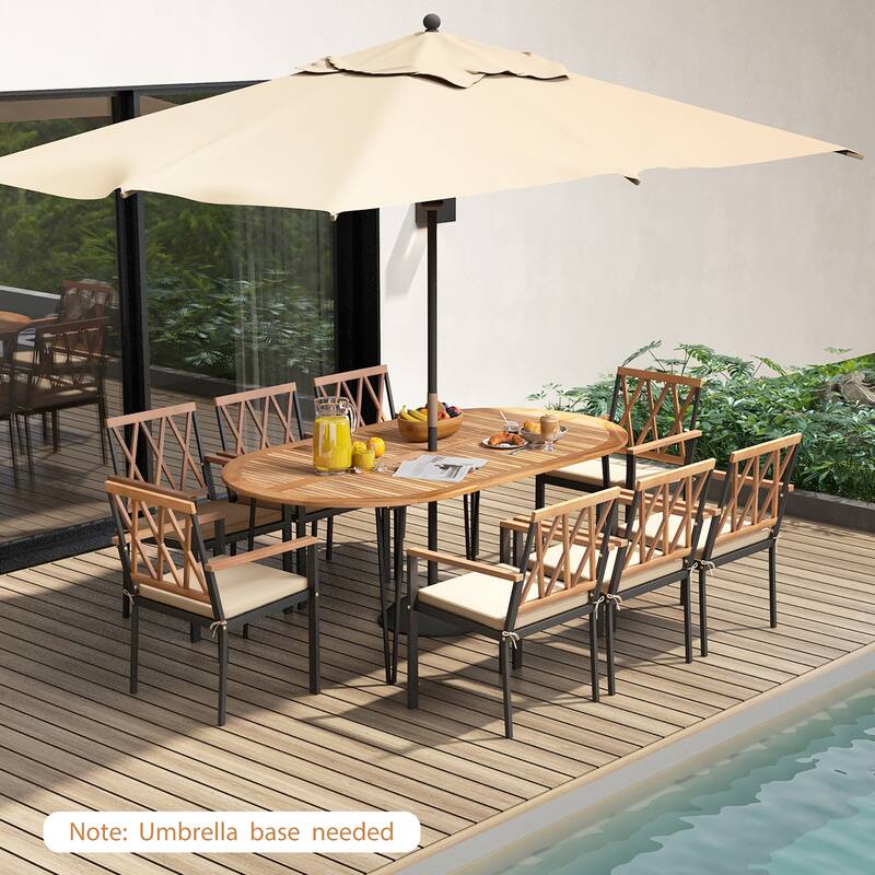 Gymax 9 PCS Patio Dining Set Table w/ Acacia Wood Top & Umbrella Hole