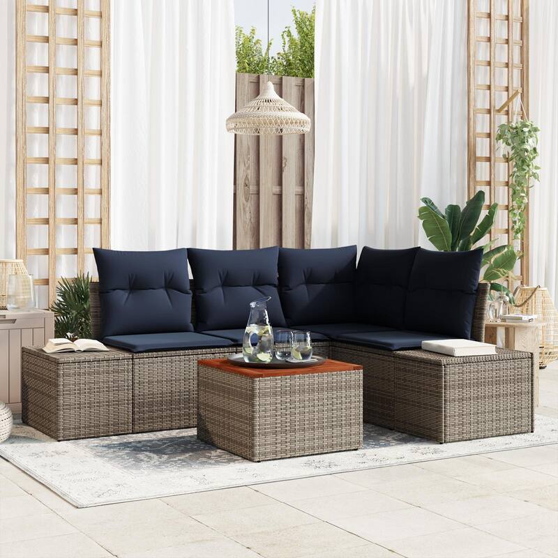 vidaXL 5 Garden Sofa Set with Cushions Black/Grey Poly Rattan - 82.3 x 60.6 x 27.2 - Grey