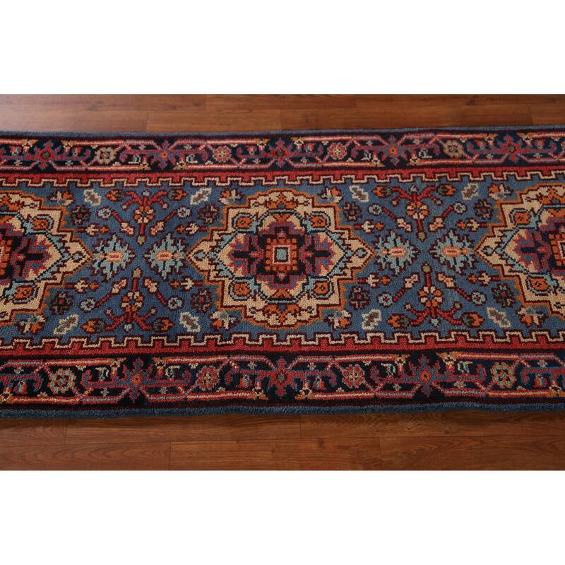 Hand Knotted Oriental 100% Wool Carpet Traditional Geometric Navy Blue & Blues Heriz (serapi) Runner Rug - 7' 10'' X 2' 7''