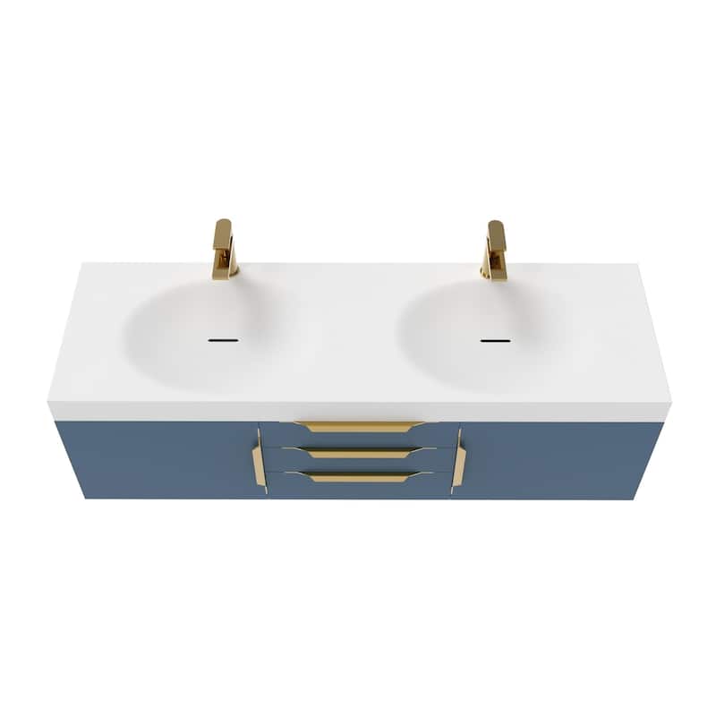 Thames 60" Shallow Basin Wall Mounted Bathroom Vanity Set w/ White Top
