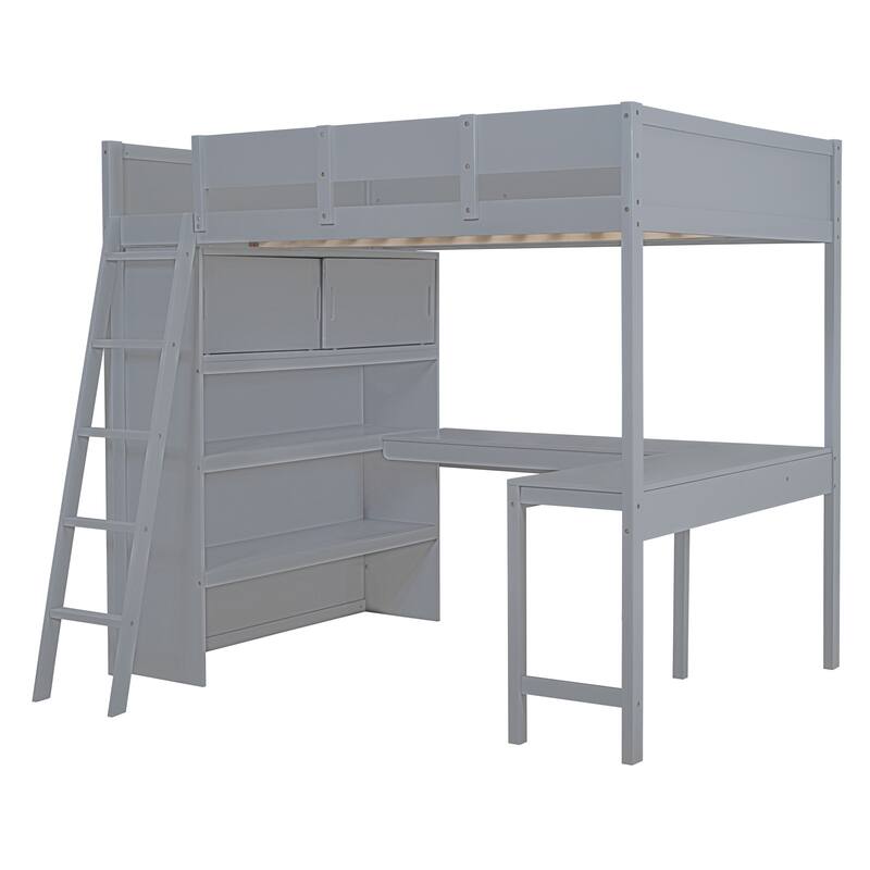 Full Size Loft Bed with Desk and Shelf in Gray and White