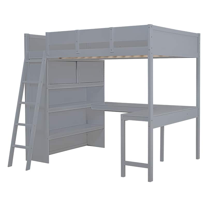 Gray Full Solid Wood Loft Bed with Desk & Shelf
