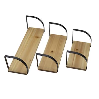 Melannco Set of 3 Floating Wood and Metal Arc Wall Shelves, 18, 14, 10 Inch, Natural
