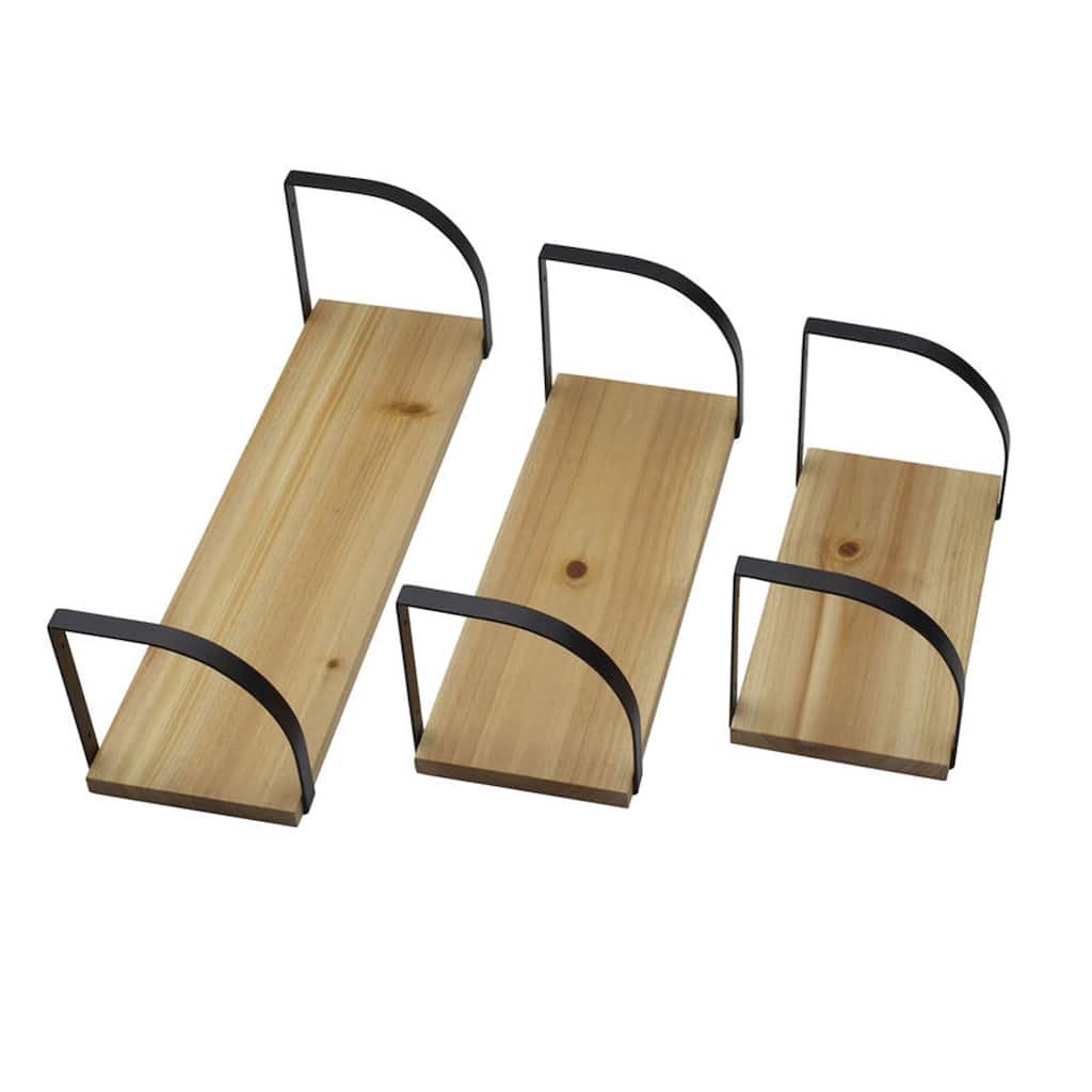 Melannco Set of 3 Floating Wood and Metal Arc Wall Shelves, 18, 14, 10 Inch, Natural