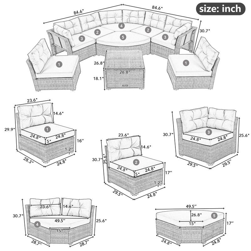 Roomfitters Outdoor Rattan Sectional Daybed Furniture Set with Cushions & Center Table for Patio