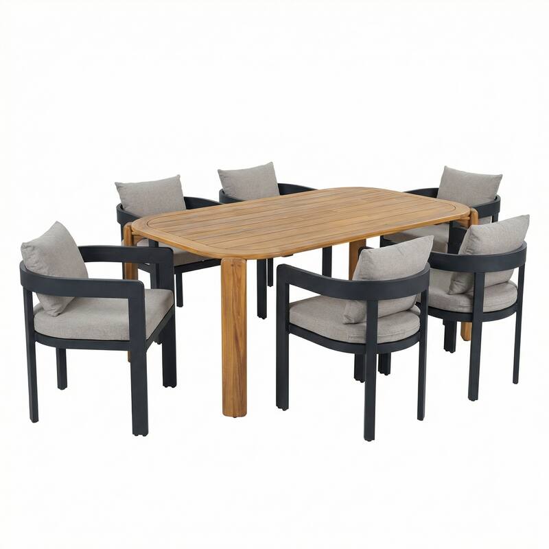 Christopher Knight Home - Modern 7-Piece Acacia Wood Dining Table Set with Aluminum Frame Upholstered Dining Chairs