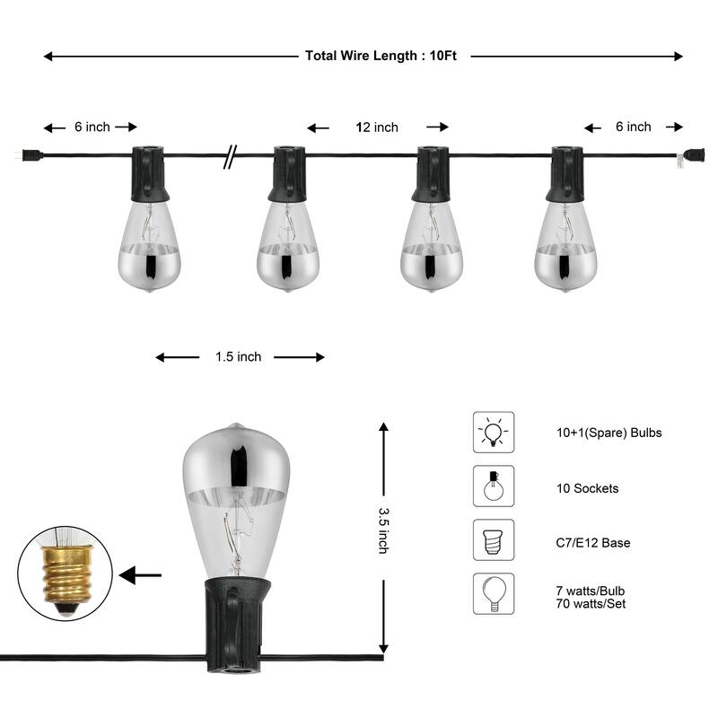 JONATHAN Y 10 ft C7 String Lights - 10-Light, Indoor/Outdoor - 10-Light