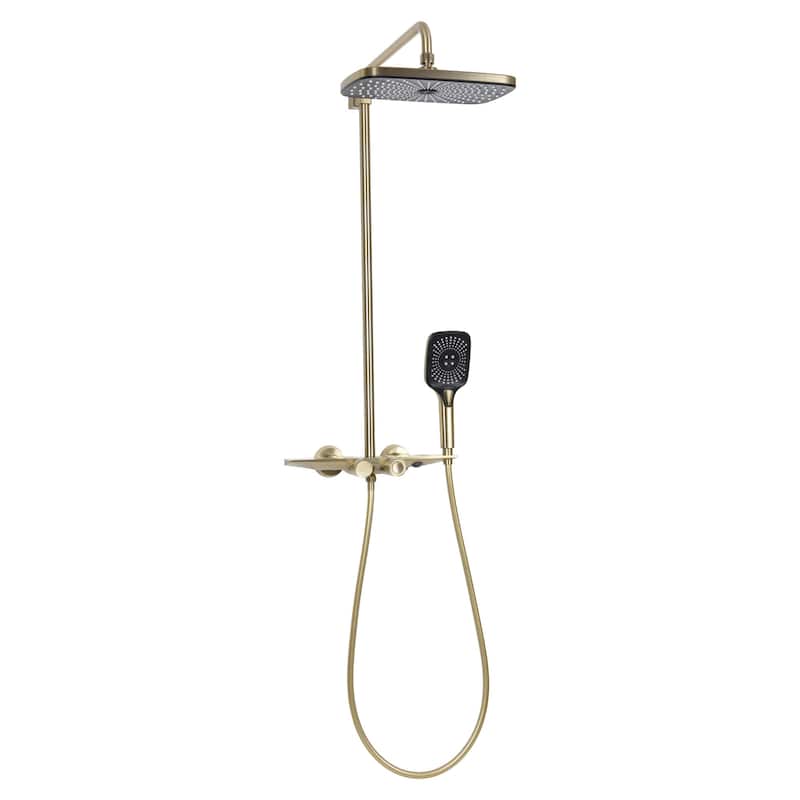 Exposed Pipe Tub and Shower System with Hand Shower Brass Thermostatic Brass Wall Mount Complete Shower Faucet with Tub Spout - Brushed Gold