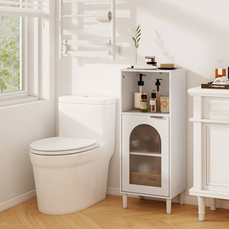 White Wooden Bathroom Floor Cabinet with Tempered Glass Door and Adjustable Storage Shelves - 14" x 12" x 35.5"
