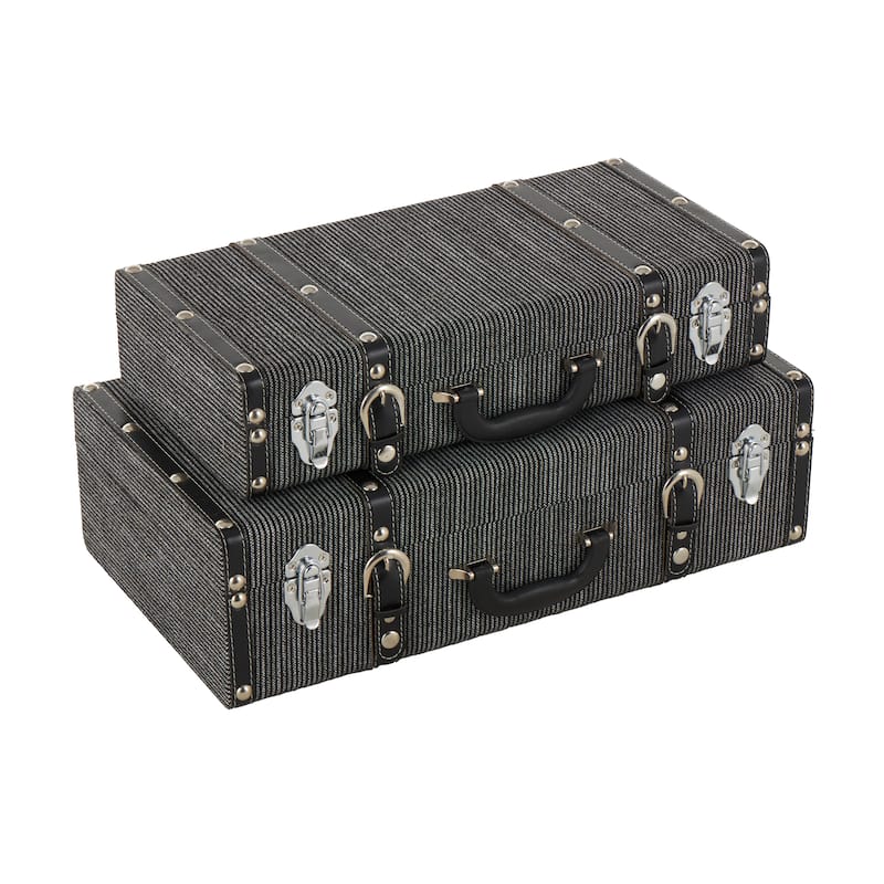 Black Fabric Woven Storage Decorative Trunk with Silver Latches and Buckles (Set of 2)